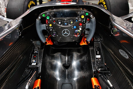Mercedes-Benz F1 negro y marrón, cabina, Fórmula 1, coche, vehículo, carreras, Fondo de pantalla HD HD wallpaper