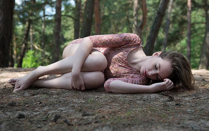 women, lying down, lying on side, dress, pink dress, brunette, nature, barefoot, closed eyes, rest, legs, legs together, holding knees, depth of field, trees, on the ground, sleeping, sleep, HD wallpaper