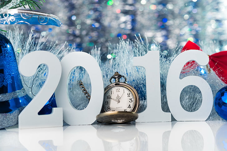 silver-colored pocket watch, New Year, cookies, decoration, Happy, 2016, HD wallpaper