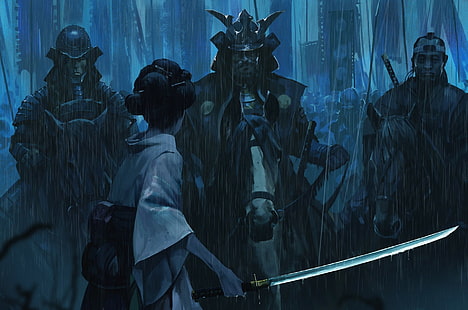 Фантазия, самурай, момиче, кон, катана, дъжд, меч, воин, жена-войн, HD тапет HD wallpaper