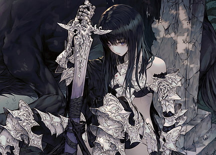 anime, anime girls, sword, dark hair, fantasy girl, HD wallpaper HD wallpaper
