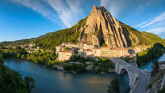 cittadina, ponte, fiume, collina, Francia, Sisteron, Sfondo HD HD wallpaper