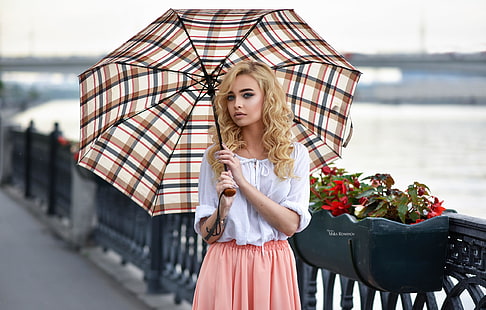 women, blonde, dress, tattoo, depth of field, umbrella, portrait, eyeliner, Maksim Romanov, HD wallpaper HD wallpaper