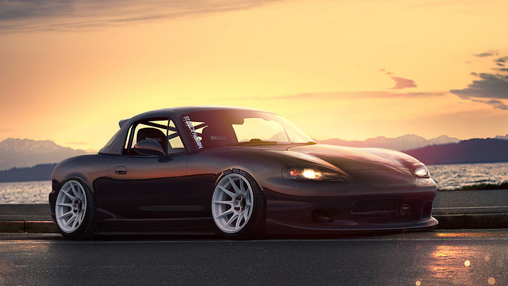 black sports coupe on road during golden hour, Stance, Mazda MX-5, Mazda, car, vehicle, StanceNation, HD wallpaper