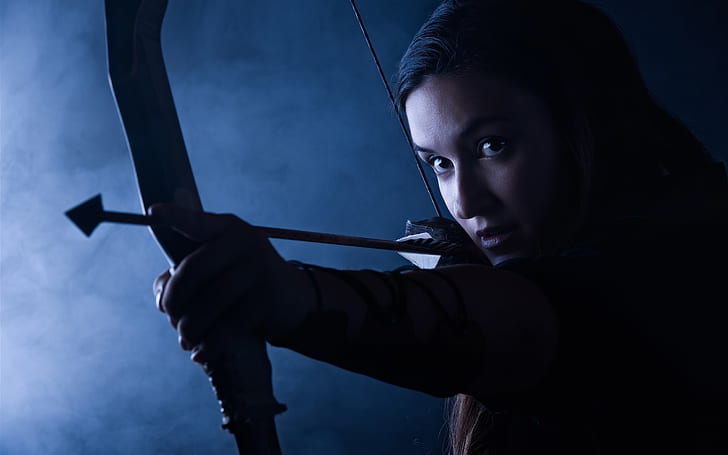 Beautiful archer, girl, bow, arrow, black wooden bow and arrow, Beautiful, Archer, Girl, Bow, Arrow, HD wallpaper