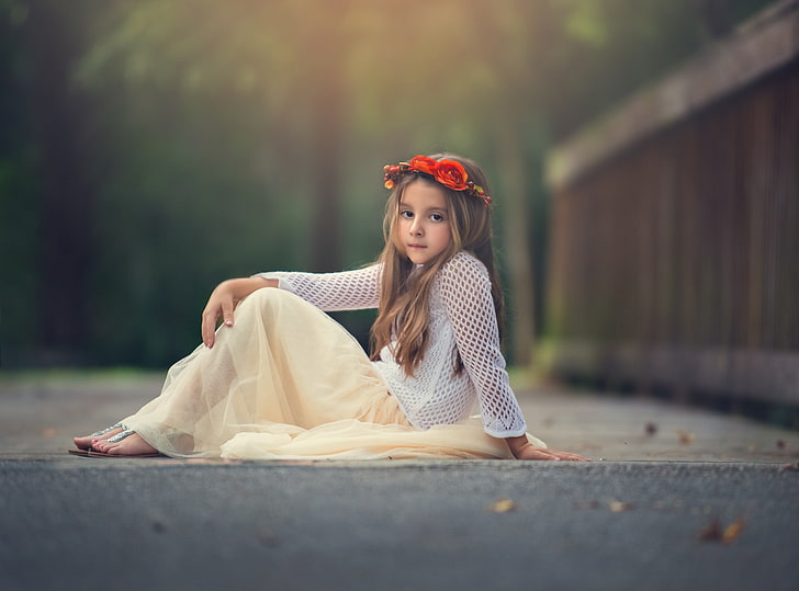 Daydreamer, girl's white mesh long-sleeved shirt, Cute, Girl, Childhood, child, flower crown, flower hair wreath, HD wallpaper