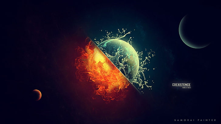 planet and sun digital wallpaper, coexistence signage with sun and moon illustration, digital art, space, universe, planet, Sun, Moon, Earth, fire, burning, water, splashes, coexist, HD wallpaper