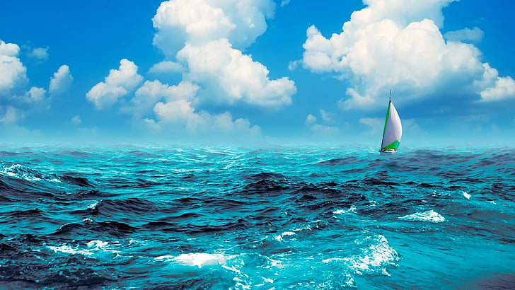 mer, océan, ciel, eau, nuages ​​duveteux, vague, vague de vent, horizon, voilier, journée, nuage, voile, vent, mer bleue, eau bleue, Fond d'écran HD