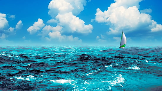 море, океан, небе, вода, пухкави облаци, вълна, вятърна вълна, хоризонт, платноходка, денем, облак, плаване, вятър, синьо море, синя вода, HD тапет HD wallpaper