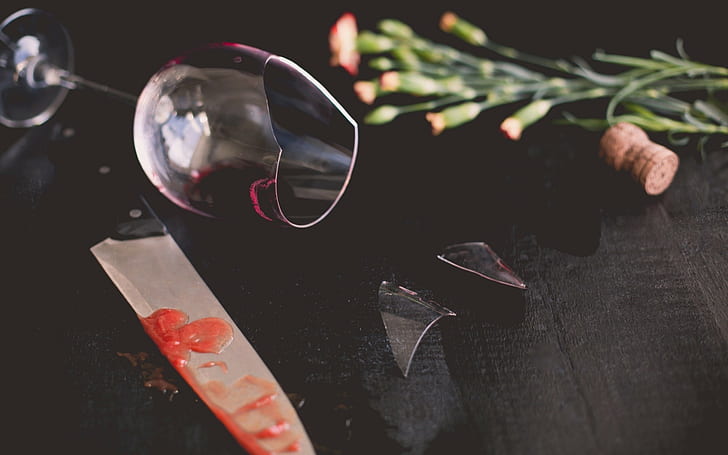زهور ، سكاكين ، زجاج شرب ، زجاج مكسور ، كاتشب، خلفية HD