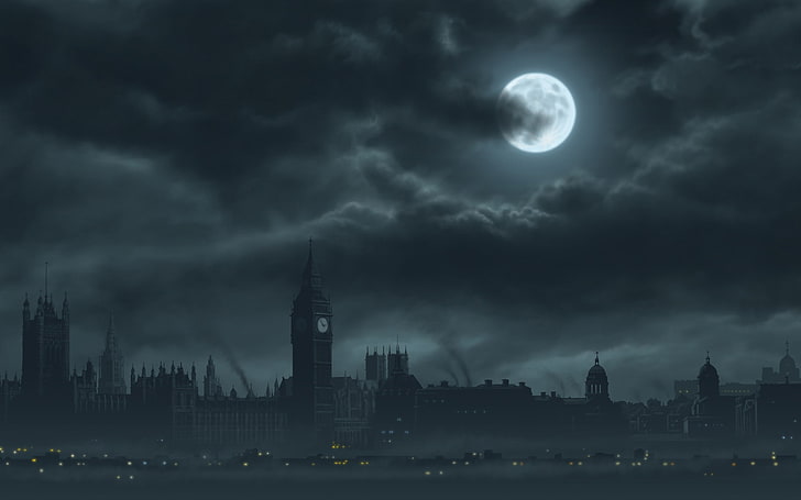 clouds cityscapes dark night moon london big ben artwork rendering cities 2560x1600  Space Moons HD Art , Clouds, cityscapes, HD wallpaper