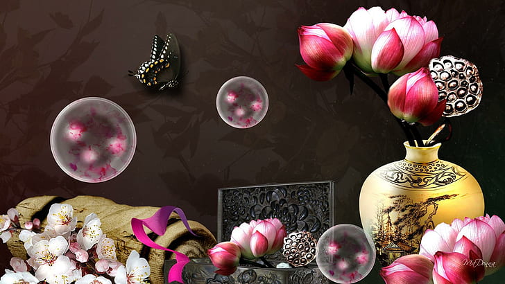 Eleganza orientale, orientale, vaso, fiori di ciliegio, bolle, cinese, bambù, fiori, farfalla, fiori, peonie, papp, Sfondo HD