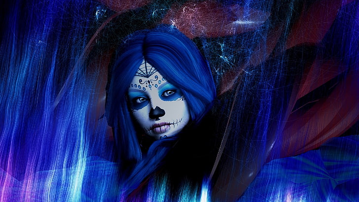 biru, wajah, topeng, kegelapan, dia de muertos, halloween, gadis, manusia, karya seni cg, hari kematian, tengah malam, mati, gothic, Wallpaper HD