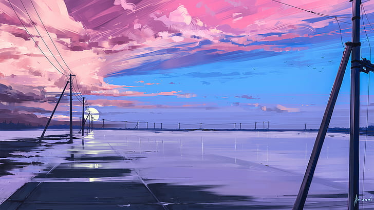 illustration, paysage, ciel, nuages, soleil, eau, glace, lignes, violet, peinture, impression, Aenami, anime, Fond d'écran HD