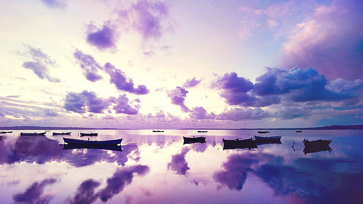 отражение, пурпурное небо, озеро, лодки, спокойствие, тишина, облака, декорации, пейзаж, горизонт, небо, HD обои