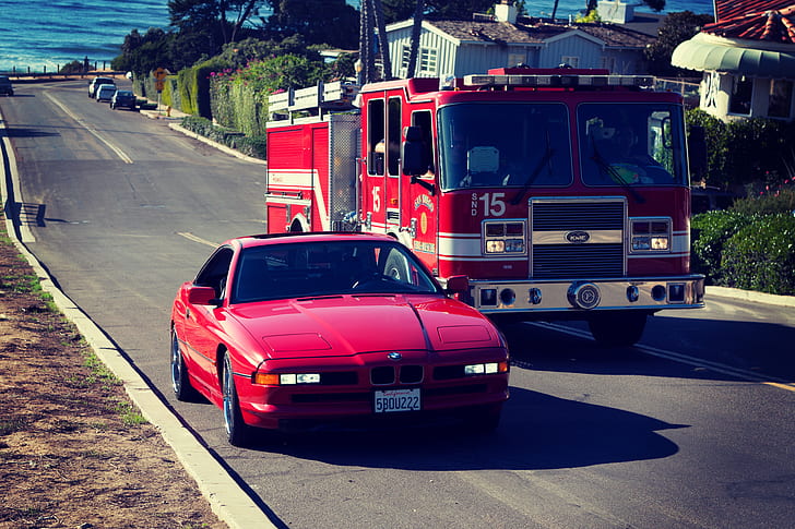 Road, Red, BMW, E31, 1997, 850ci, Fire truck, HD wallpaper