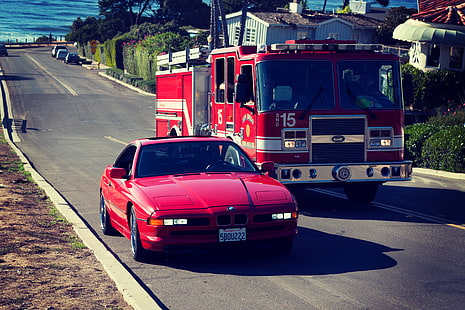 Дорога, Красный, BMW, E31, 1997, 850ci, Пожарная машина, HD обои HD wallpaper