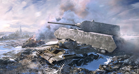 gray battle tank illustration, winter, war, T-34, germany, tank, maus, HD wallpaper HD wallpaper