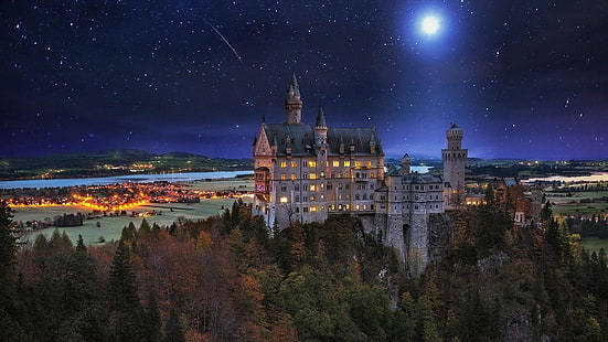 stjärnklart, tyskland, bayern, schwangau, europa, måne, månsken, turistattraktion, slott, stad, himmel, stjärnklar natt, skyline, stjärnhimmel, natthimmel, natt, landmärke, stjärnor, Neuschwanstein slott, stad, HD tapet HD wallpaper