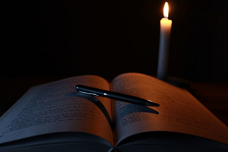 blur, book, candle, close up, dark, flame, knowledge, learn, learning, light, paper, pen, research, shadow, study, HD wallpaper HD wallpaper
