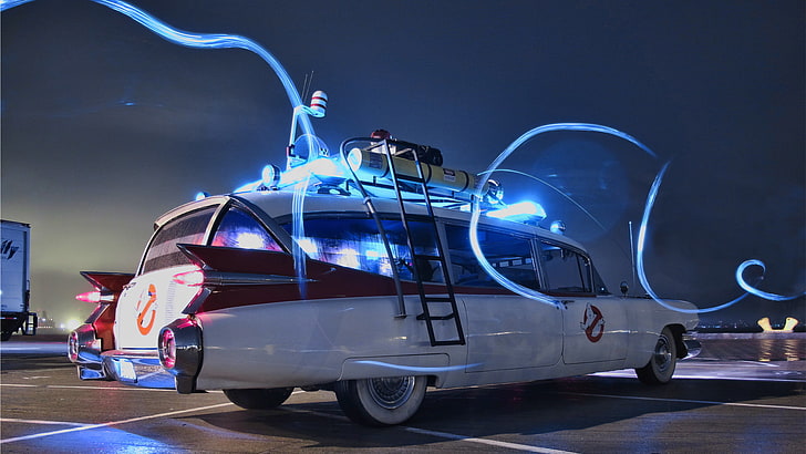 white and red Ghost Buster vehicle digital wallpaper, Ghostbusters, ECTO-1, Cadillac Miller Meteor, HD wallpaper