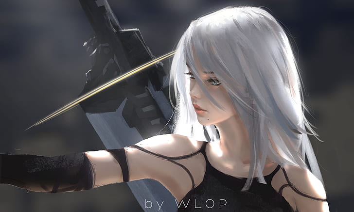 nier: automata, yorha no.2 ketik a, rambut putih, pedang, lukisan, Anime, Wallpaper HD