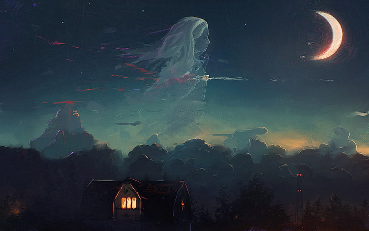ภาพวาดดวงจันทร์บ้านและเมฆงานศิลปะศิลปะแฟนตาซีผีบ้านแสงจันทร์, วอลล์เปเปอร์ HD