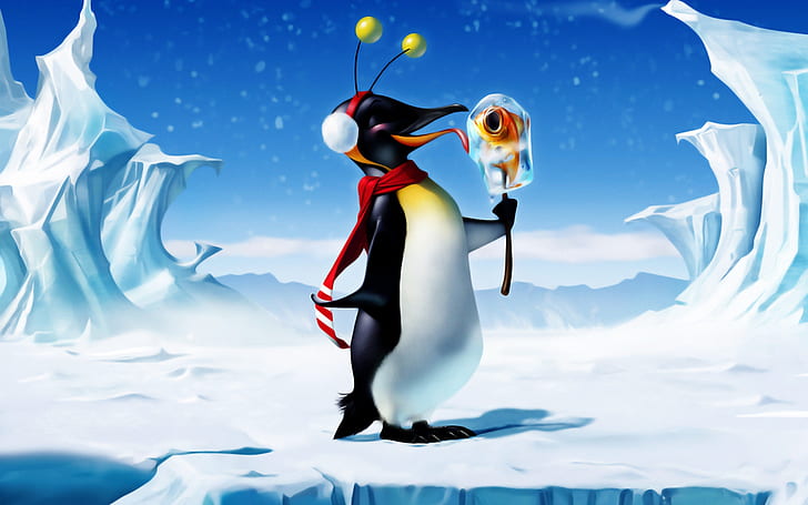 Penguin Smiling, red dressed penguin holding fish illustration, candy fish, icebergs, hat, tassels, HD wallpaper