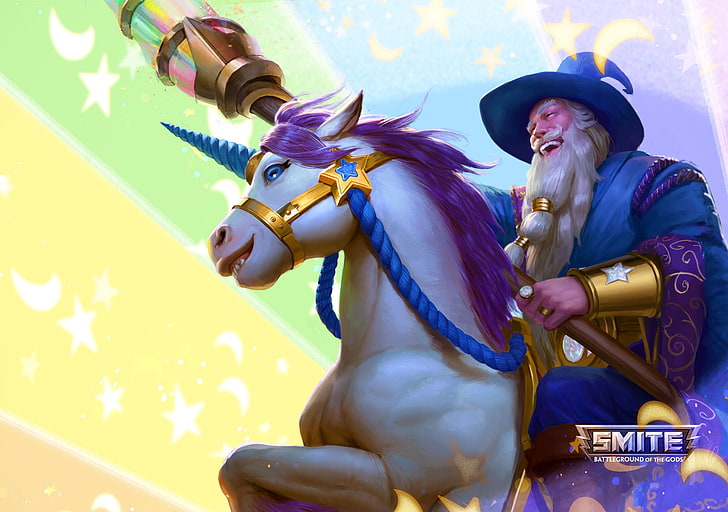 Wizard and unicorn, unicorn, smite, game, man, old, wizard, hat, fantasy, purple, blue, HD wallpaper