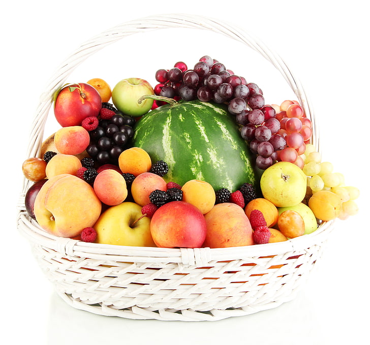 fruits basket, berries, raspberry, basket, apples, watermelon, grapes, fruit, peaches, plum, BlackBerry, apricots, nectarine, HD wallpaper