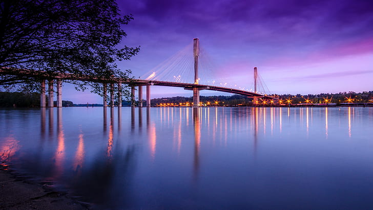 landscape photography of suspension bridge over water beside lighted buildings, port mann bridge, port mann bridge, Port Mann Bridge, landscape photography, suspension bridge, over water, buildings, Coquitlam, Night, Scene, Structure, Cable-Stayed, Fraser River, Highway 1, Nikon  D7000, Wide Angle, Sigma, Reflections, Architecture, Water, Clouds, Landscape, Shoreline, Long Exposure, bridge - Man Made Structure, river, famous Place, cityscape, urban Scene, dusk, reflection, HD wallpaper