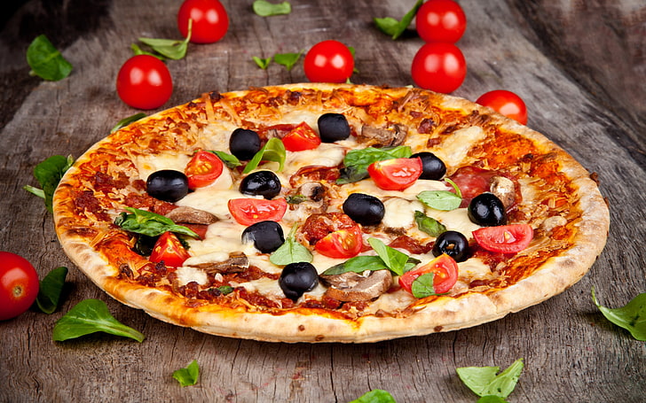 pizza, olives, tomatoes, basil, HD wallpaper