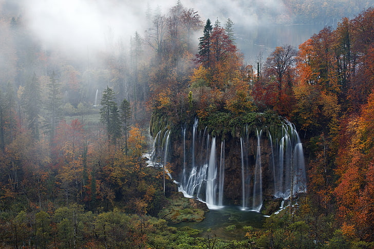 рисуване на водопади и дървета, водопади в близост до кафяви и зелени дървета, Национален парк Плитвички езера, падане, пейзаж, Хърватия, природа, водопад, гора, мъгла, хърватски, Национален парк Плитвички, HD тапет