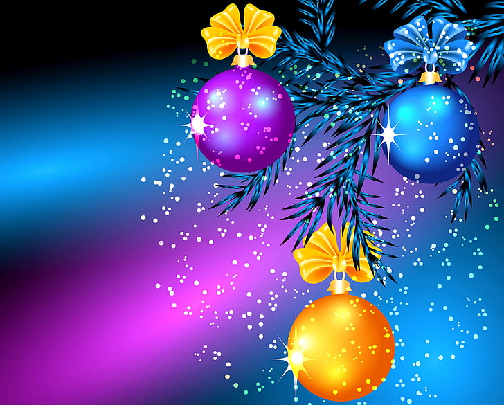 three blue, gold, and purple baubles illustration, balls, light, holiday, tree, Christmas, branch, bow, HD wallpaper