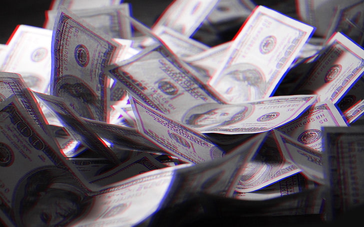 Lotto di banconote in dollari USA, anaglifo 3D, denaro, Sfondo HD
