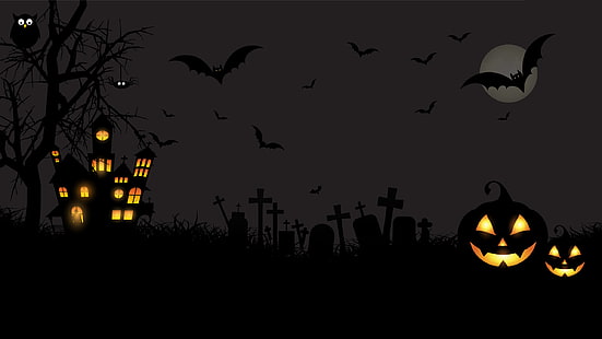 Halloween, slott, måne, pumpor, fladdermöss, ugglor, kyrkogård, läskigt, minimalt, HD, HD tapet HD wallpaper