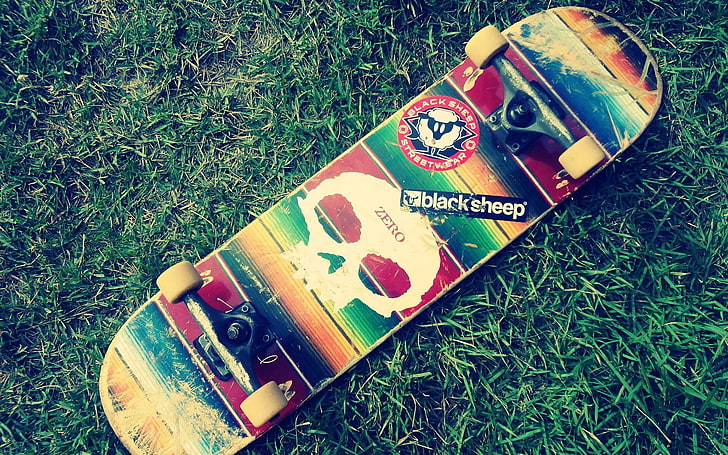 skateboard, stiker, rumput, Wallpaper HD