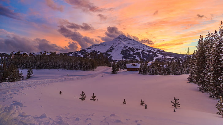 山、雪、冬、日没、モンタナ、アメリカ、木、 HDデスクトップの壁紙