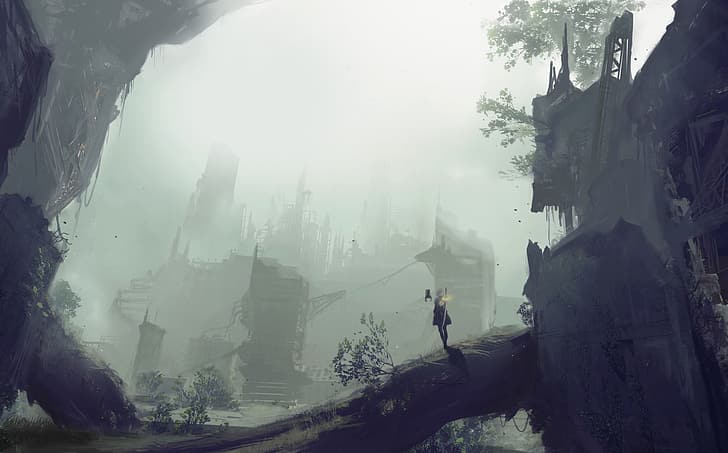 2B (Nier: Automata), Nier: Automata, ruins, nature, city, mist, trees, HD wallpaper