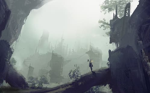  2B (Nier: Automata), Nier: Automata, ruins, nature, city, mist, trees, HD wallpaper HD wallpaper