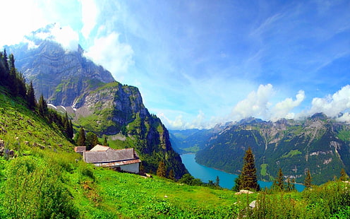 grüne Wiese, Natur, Landschaft, Berge, Wald, See, Gras, Hütte, Wolken, Bäume, Sommer, HD-Hintergrundbild HD wallpaper