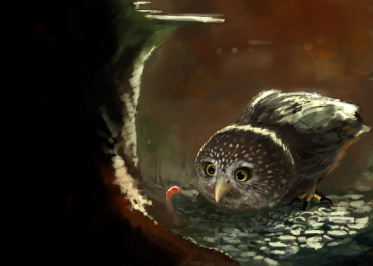 brown and white owl staring at brown worm painting, forest, owl, bird, food, stump, art, the worm, worm, HD wallpaper