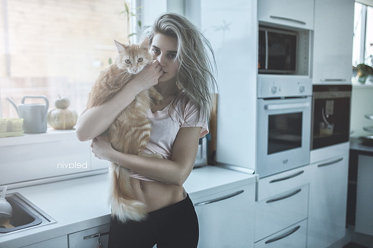 kobiety model blondynka patrząc na widza płaski brzuch falowane włosy kobiety w domu alexander belavin legginsy kot kuchnia przytulanie, Tapety HD