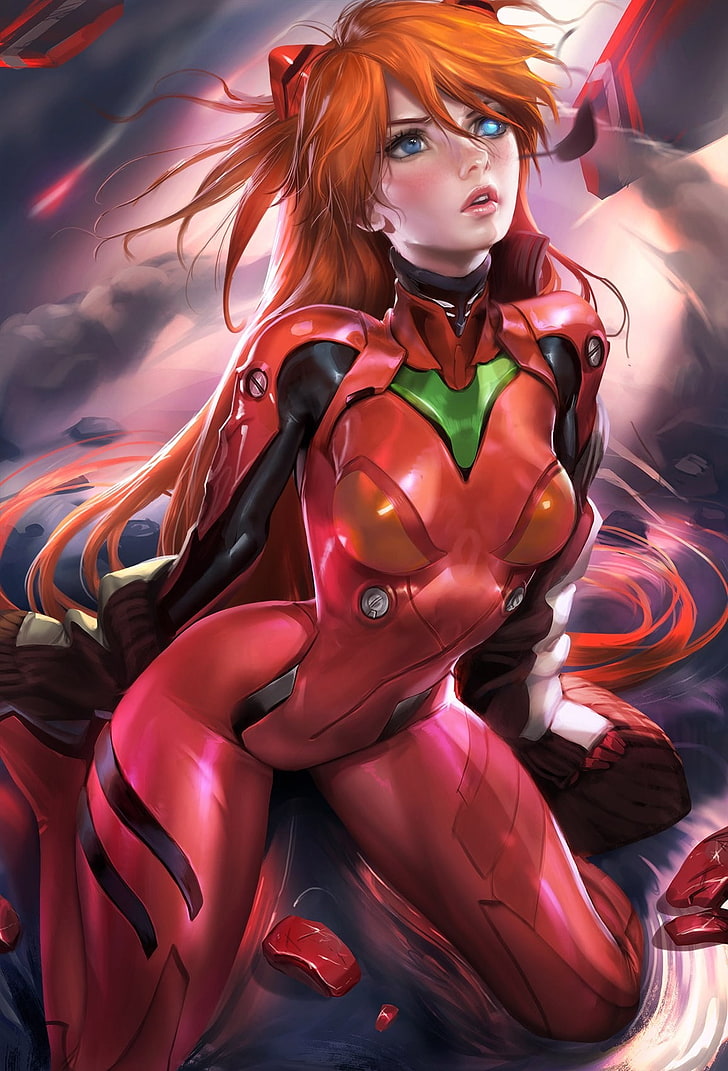 abito rosso personaggio femminile anime poster, Sakimichan, realistico, Neon Genesis Evangelion, Asuka Langley Soryu, Asuka Langley Shikinami, Sfondo HD, sfondo telefono
