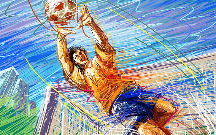 Hombre sujetando la pintura del balón de fútbol, ​​fútbol, ​​portero, Fondo de pantalla HD