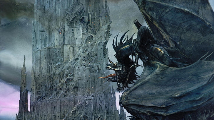 Barad dûr, замък, дигитално изкуство, дракон, фентъзи изкуство, Flying, J. R. R. Tolkien, John Howe, Nazgûl, The Lord Of The Rings, Tongues, Witchking Of Angmar, HD тапет
