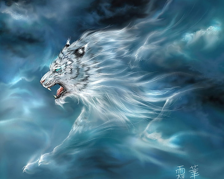 white tiger illustration, tiger, sky, being, flight, HD wallpaper