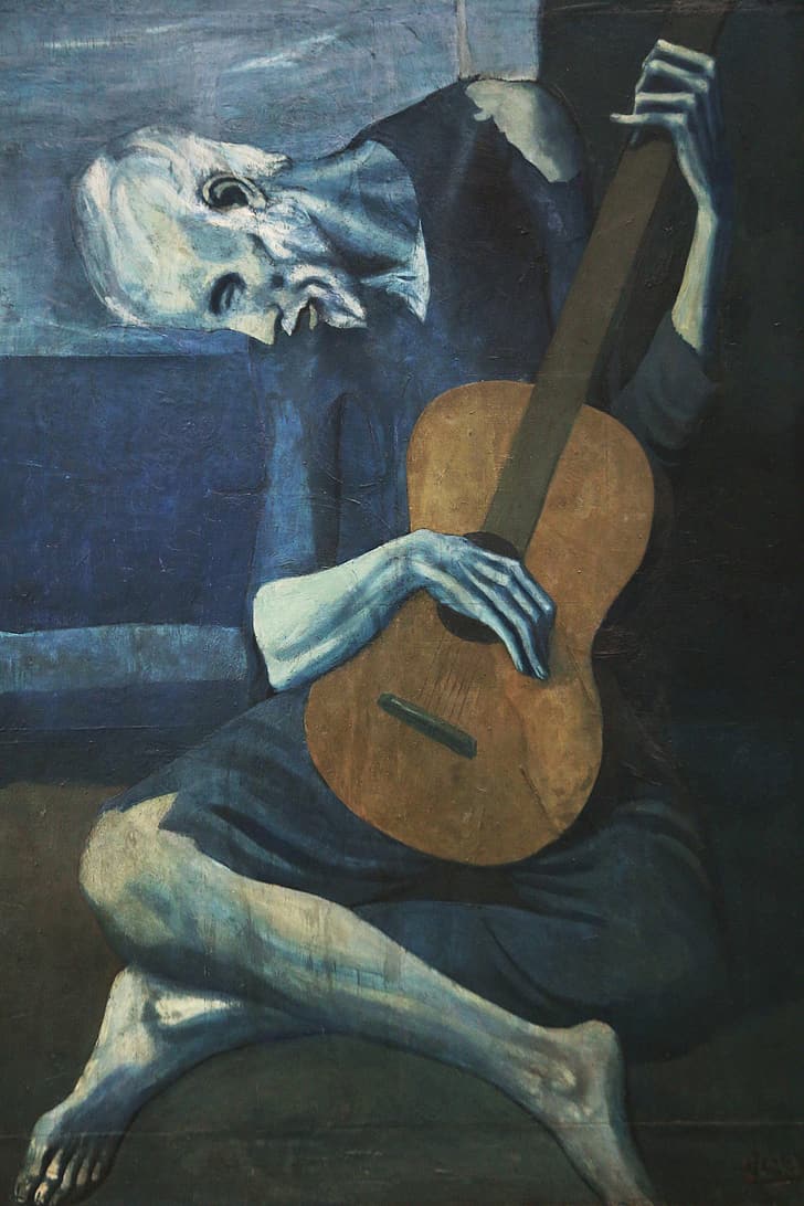 живопись, произведение искусства, гитара, гитарист, Пабло Пикассо, синий, старики, HD обои, телефон обои