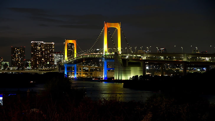brown suspension bridge, cityscape, bridge, Tokyo, Rainbow Bridge, HD wallpaper