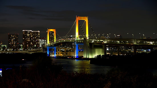 brązowy most wiszący, pejzaż miejski, most, Tokio, Rainbow Bridge, Tapety HD HD wallpaper